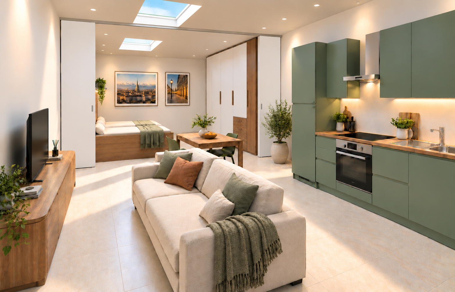 Render dell’Alloggio 01 BRINDOOR con cucina, zona giorno e zona notte